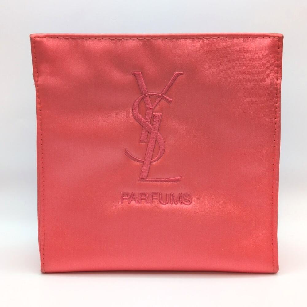 YSL Yves Saint Laurent Perfums Satin Cosmetic Makeup Zip Pouch Travel Bag Pink